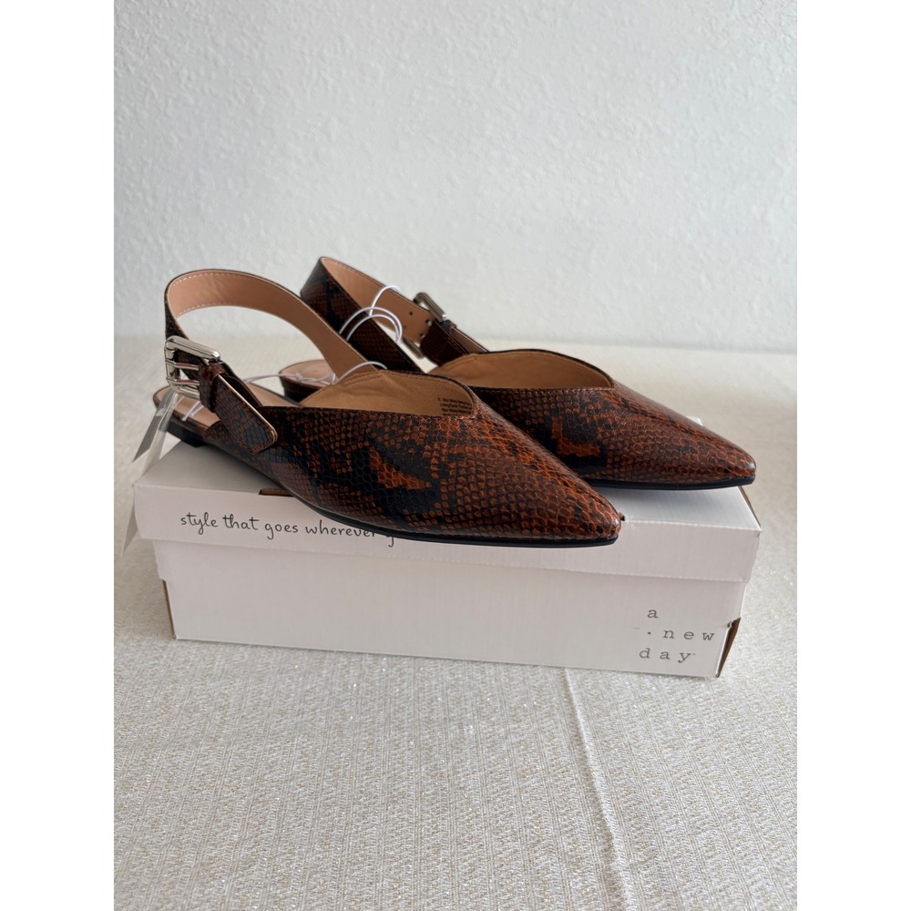 A New Day Victoria Flats Women‎ 8 Dark Brown New Snakeskin Slingback Pointed Toe